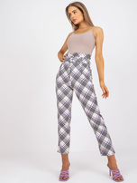 Ecru-fioletowe damskie spodnie garniturowe w kratę