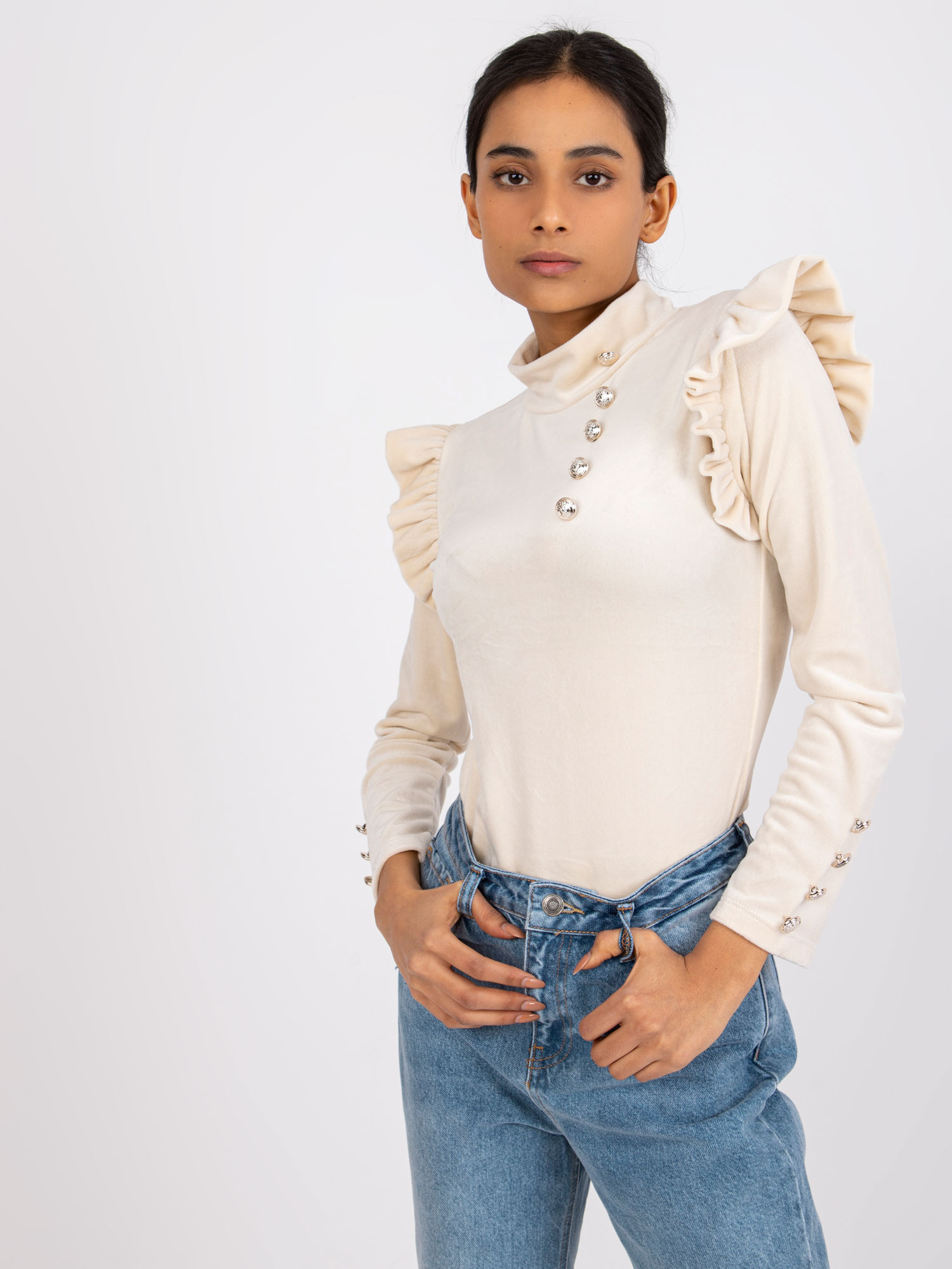 Beige velour blouse with decorative Capri buttons