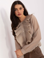 Beżowa rozpinana koszula z żabotem