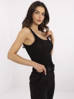 Black women's top with metallic thread.