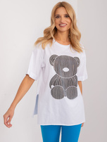 Hurt Biały bawełniany t-shirt z rozcięciami i aplikacją