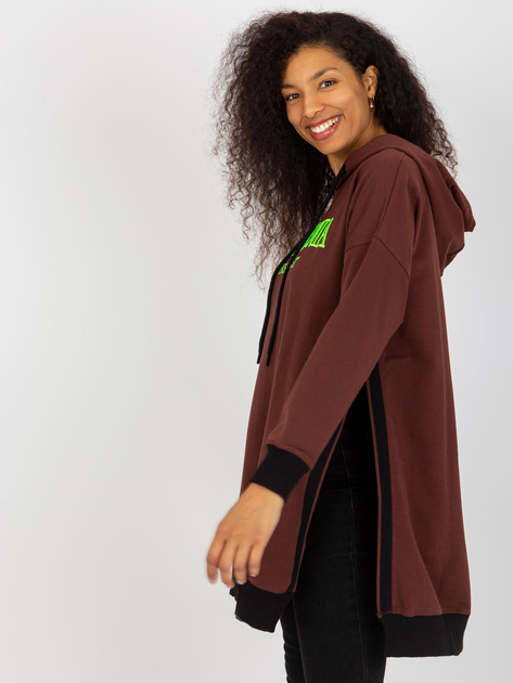 Hurt Ciemnobrązowa długa bluza z kapturem i napisem