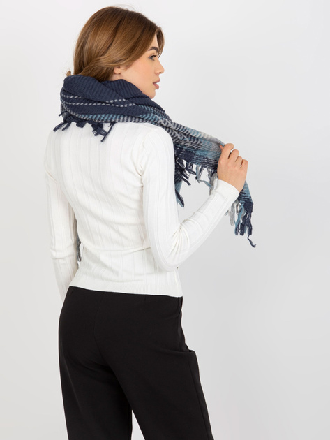 Hurt Granatowy szal damski w kratę z frędzlami