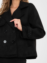 Czarny dwurzędowy płaszcz z paskami na rękawach