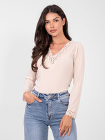 Beżowa prążkowana bluzka z koronką 