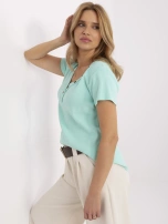 Miętowa prążkowana bluzka damska z bawełny 