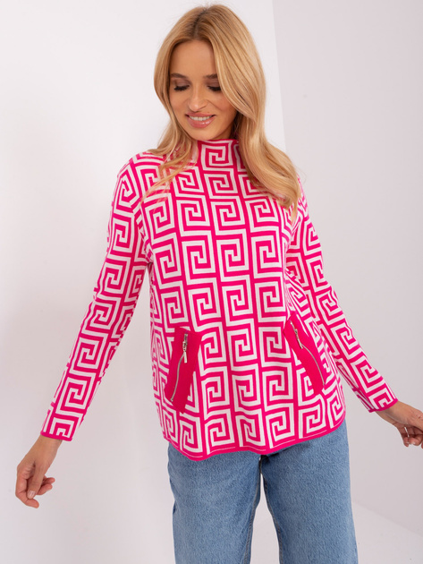 Hurt Fuksjowo-biały sweter z golfem we wzory