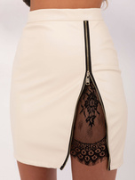 Jasnobeżowa skórzana spódnica z koronką RUE PARIS 