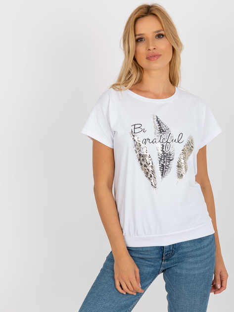 Hurt Biała bluzka z błyszczącym nadrukiem RUE PARIS