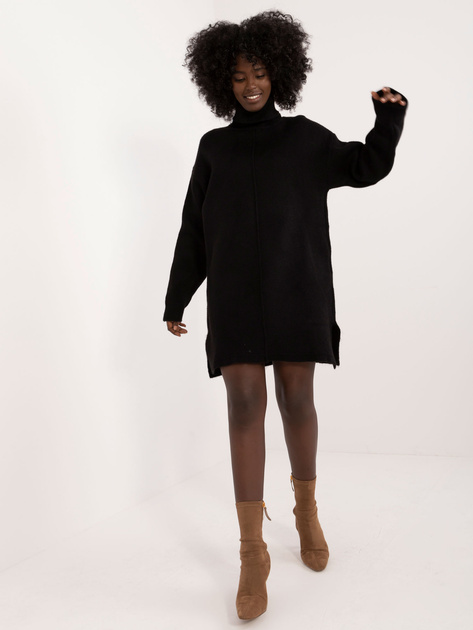 Hurtownia Czarna sukienka dzianinowa z długim rękawem