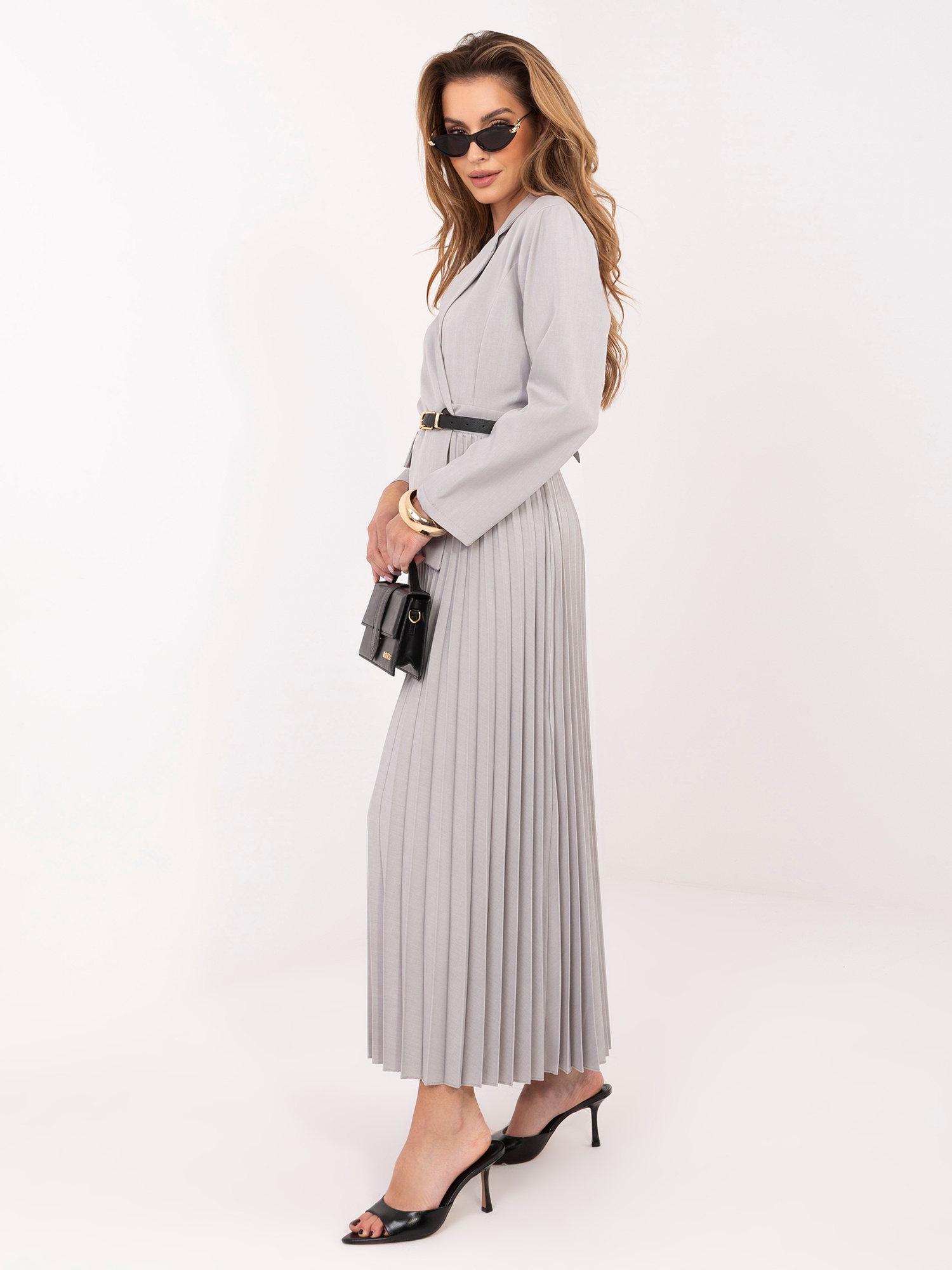 Jasnoszara midi sukienka z plisowanym dołem RUE PARIS 