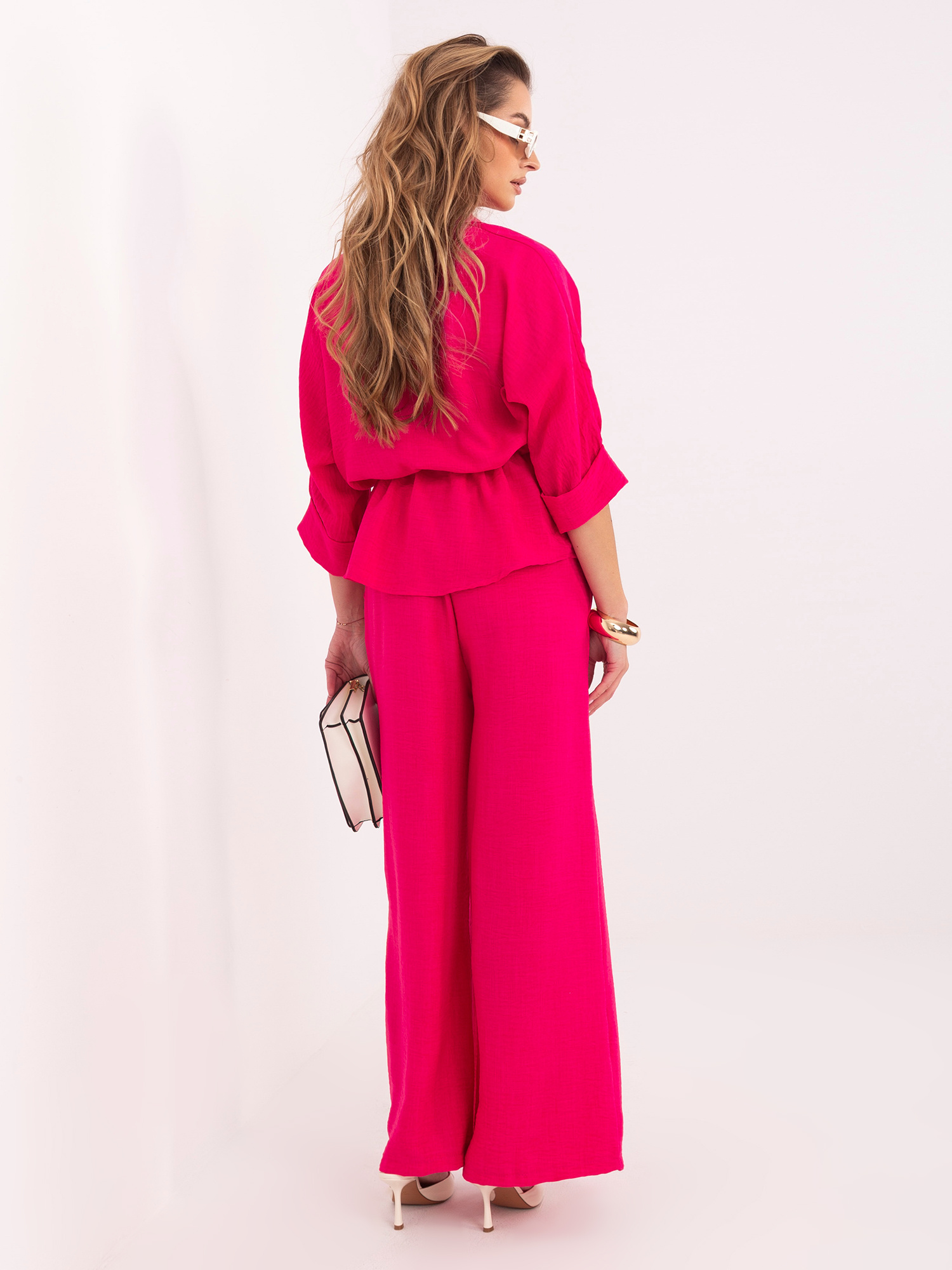 Fuksjowy letni komplet z szerokimi spodniami