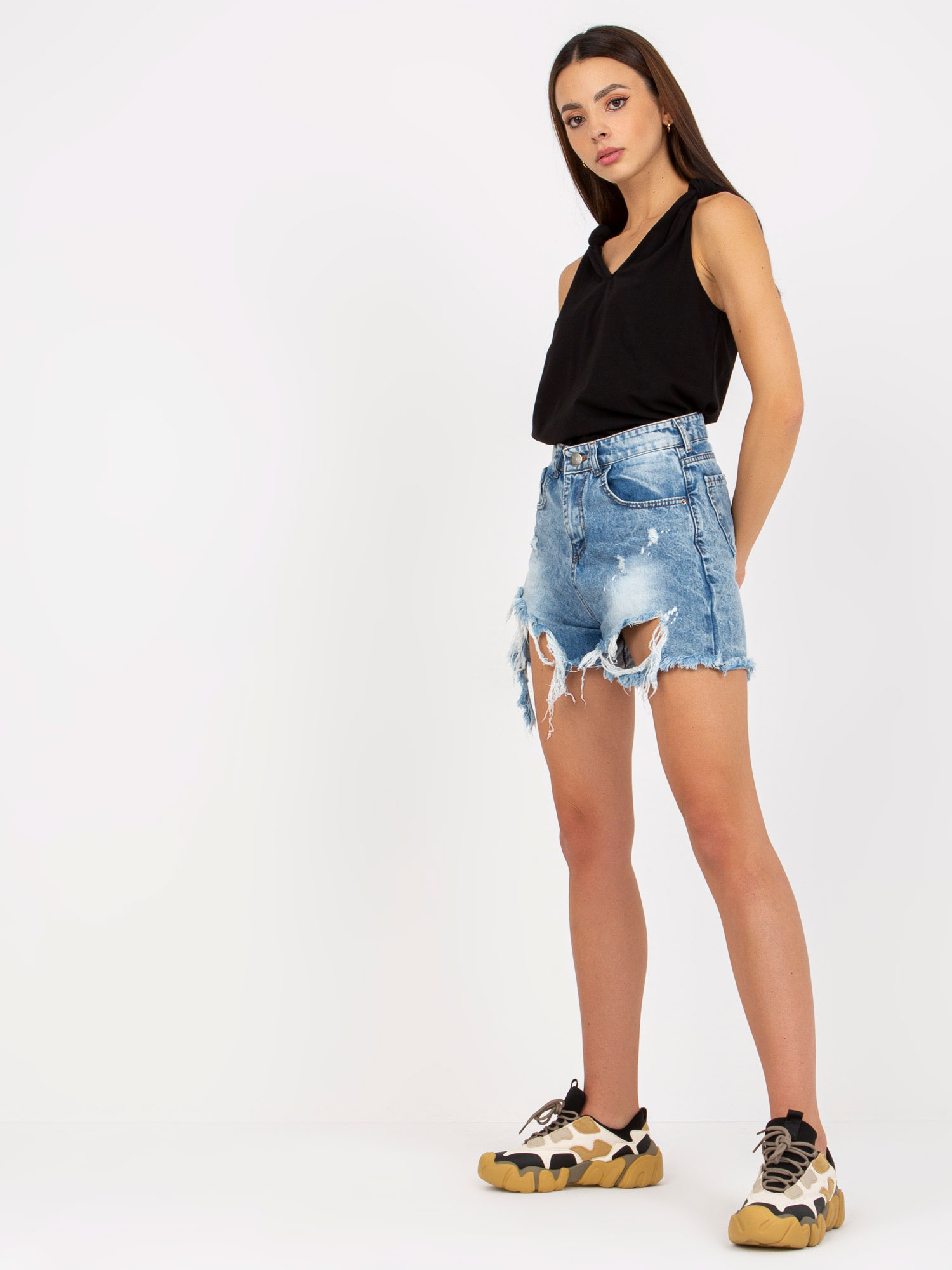Großhandel Schwarzes glattes Basic-Top mit V-Ausschnitt RUE PARIS.
