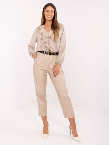 Beżowe skórzane spodnie z kieszeniami RUE PARIS