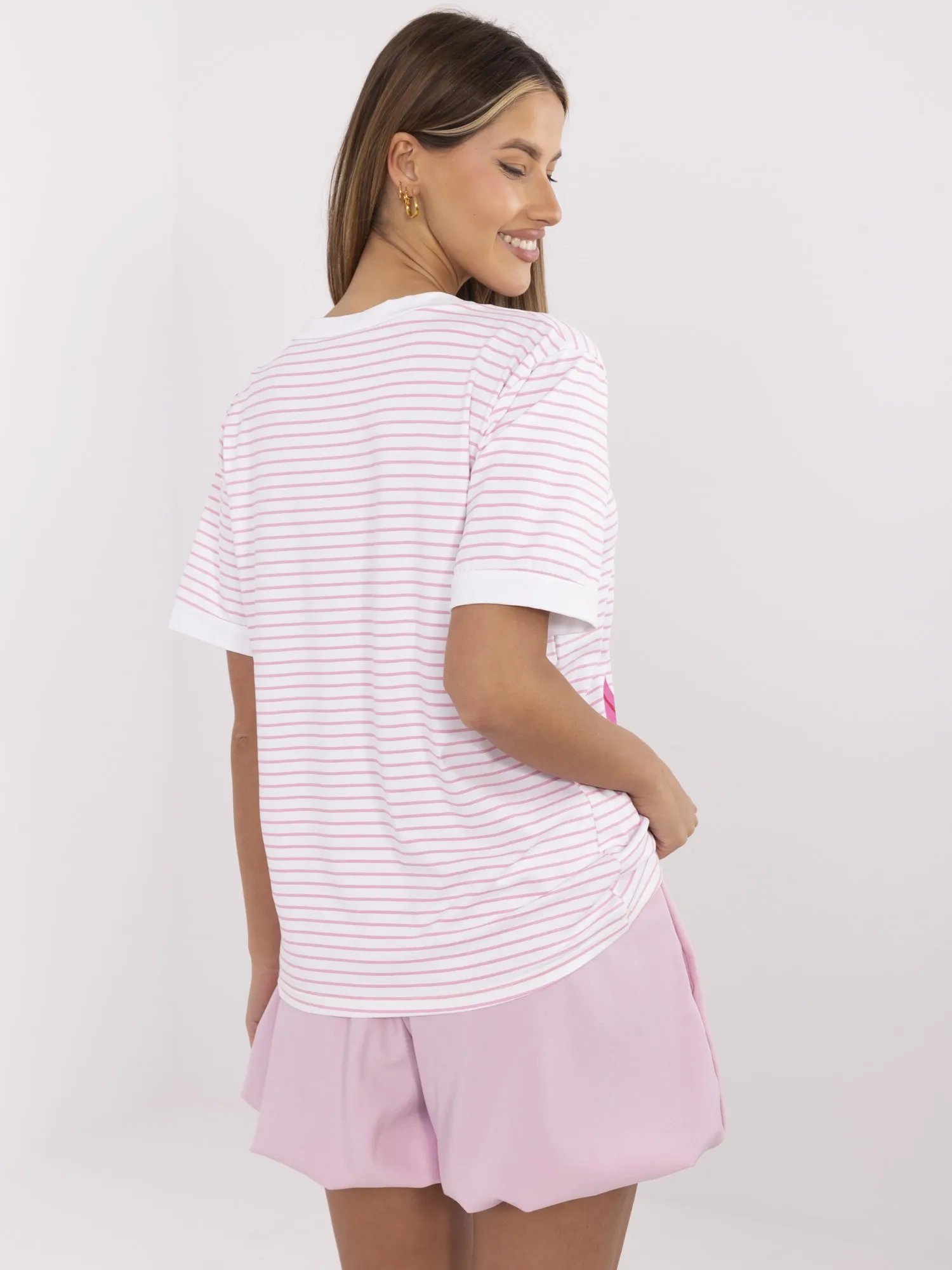 Pink and white blouse with lemon print.