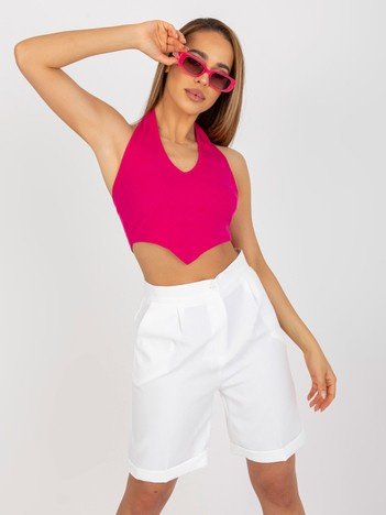 Hurtownia Fuksjowy prążkowany crop top basic na szyję RUE PARIS