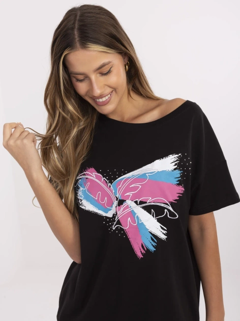 Czarny damski t-shirt z dżetami