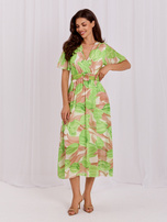 Beige-grüne Midi-Kleid mit bunten Mustern.