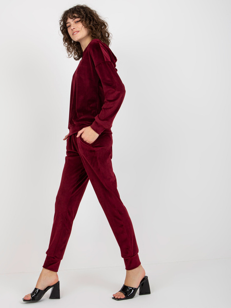 Hurt Bordowy damski komplet welurowy ze spodniami