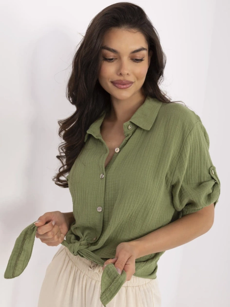 Khaki muślinowa koszula z rękawem 3/4
