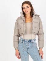 Hurtownia Ciemnobeżowa krótka kurtka zimowa 2w1 z kapturem 