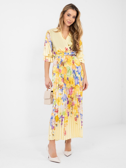 Jasnożółta rozkloszowana sukienka z printem
