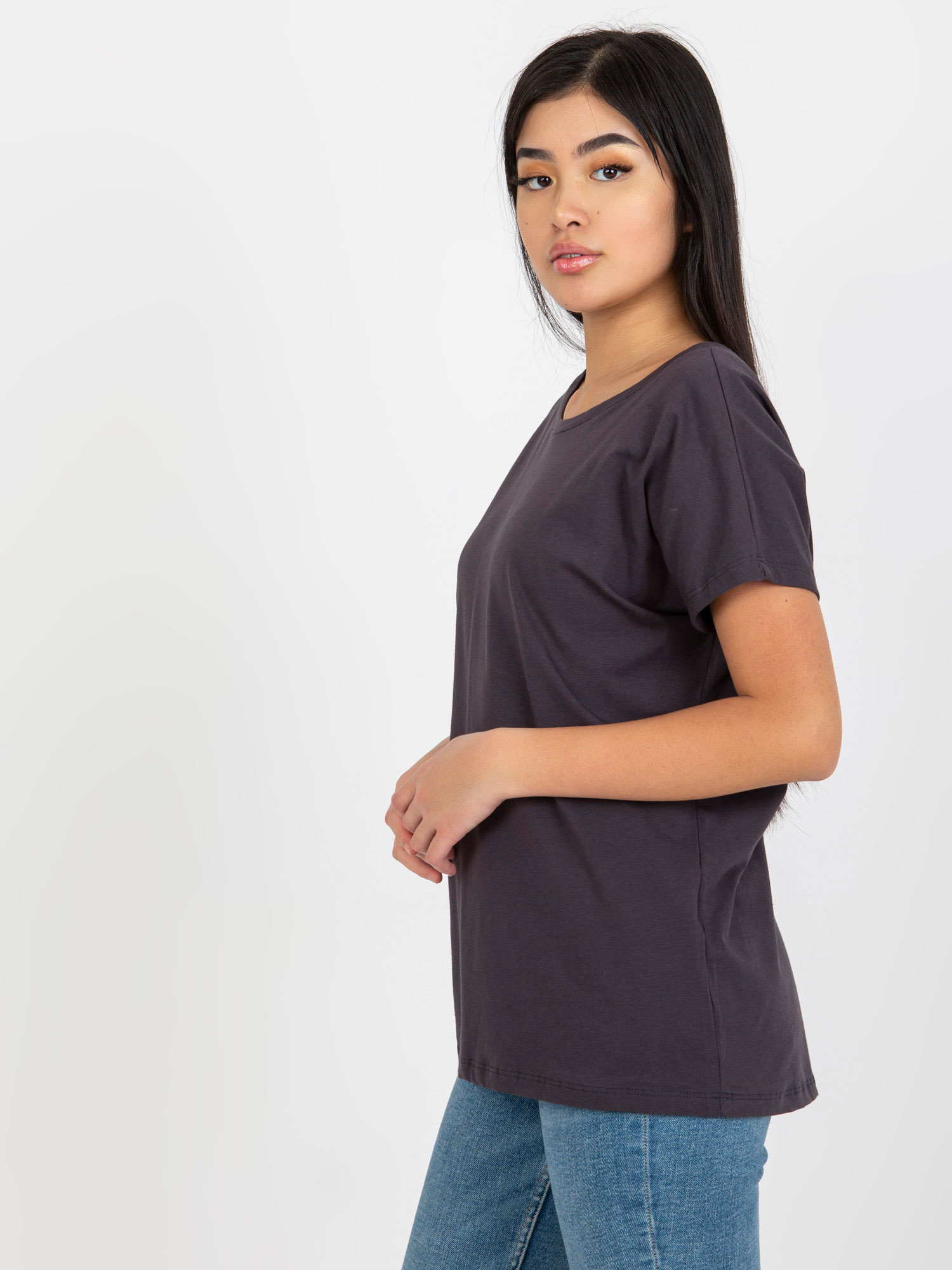 Grafitowy t-shirt basic z dekoltem na plecach Fire