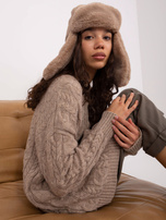 Hurtownia Ciemnobeżowy sweter z warkoczami z wełną