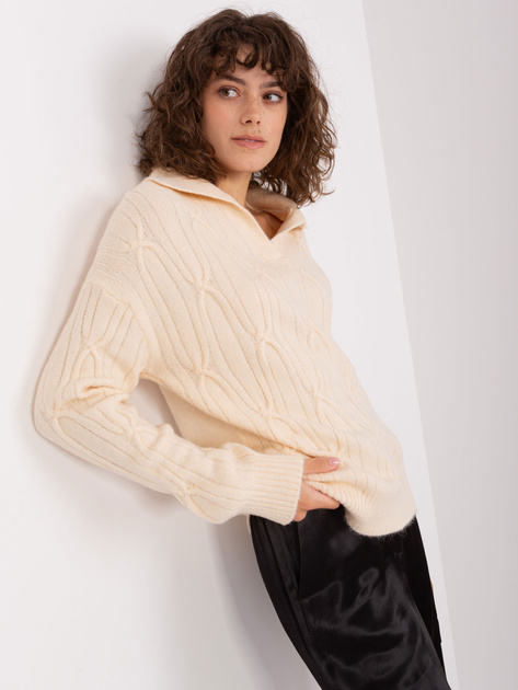 Hurtownia Jasnobeżowy sweter w warkocze z kołnierzykiem