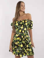 Black-yellow flared off-the-shoulder dress.