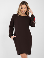 Czekoladowa sukienka z haftowanymi kwiatami RUE PARIS 