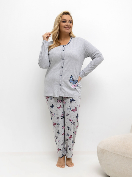 Šedá pyžama plus size s kalhotami s motýly.