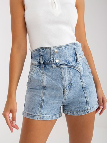 Hurtownia Niebieskie szorty jeansowe damskie high waist z efektem sprania