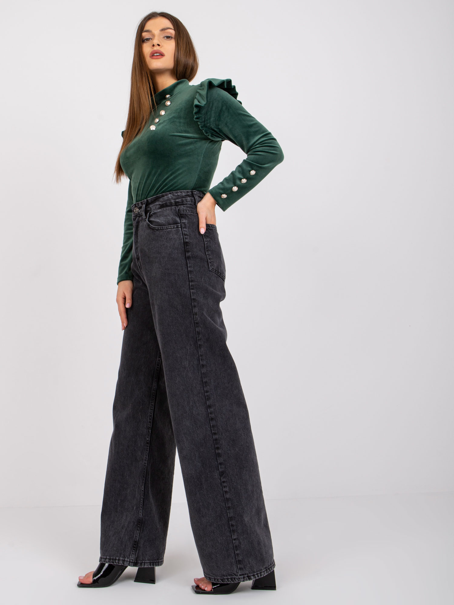 Dark green velor blouse with frills Capri