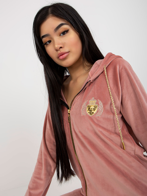 Hurt Brudnoróżowy damski komplet welurowy z naszywkami