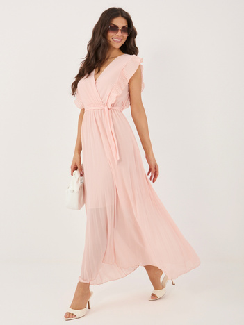 Brzoskwiniowa długa sukienka z plisowanym dołem RUE PARIS  