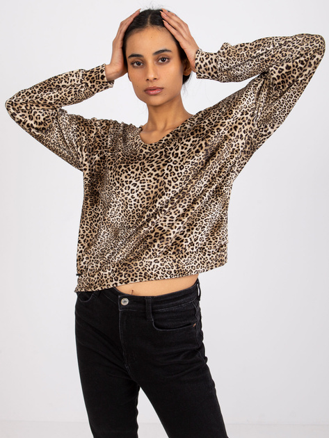 Beżowo-czarna bluzka welurowa w panterkę Reagan