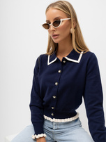 Navy cardigan with contrasting trim.