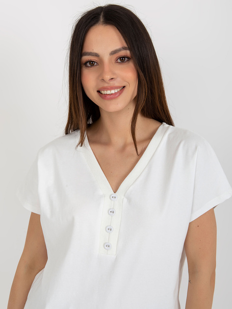 Hurt Ecru bawełniana bluzka basic z dekoltem V