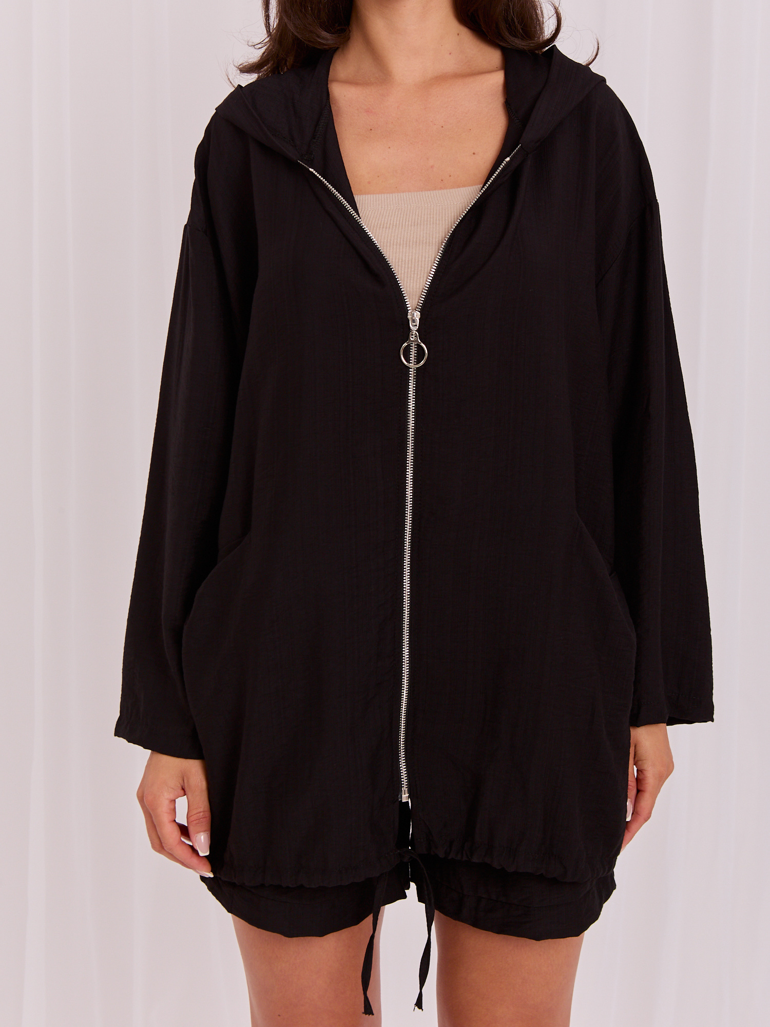 Schwarzer Reißverschluss-Pullover mit Kordelzug RUE PARIS.