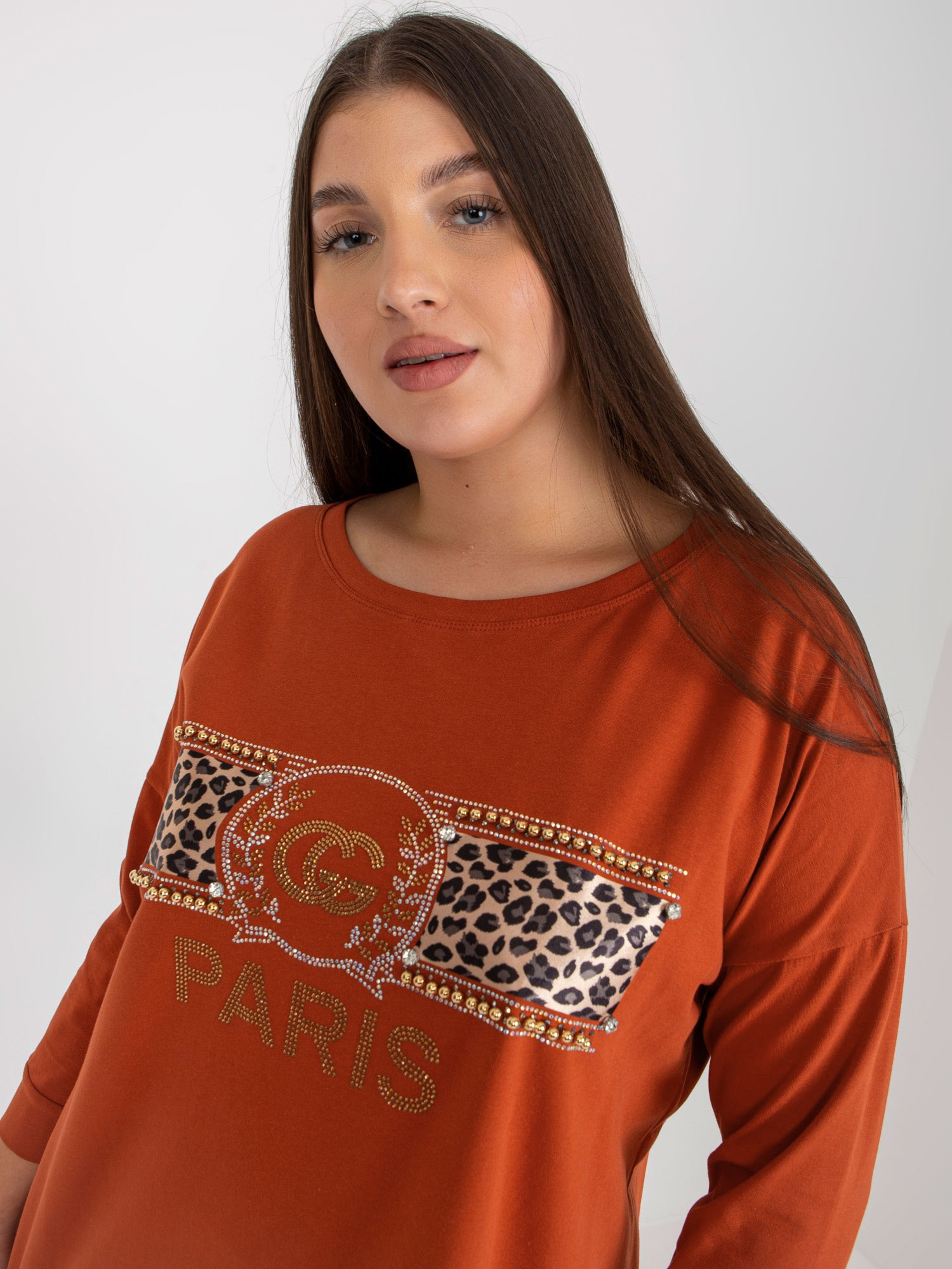 Ceglasta bluzka plus size z aplikacjami
