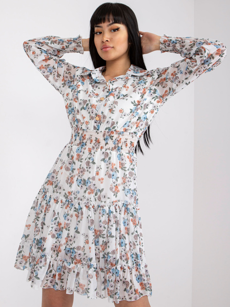 Biała sukienka z kwiatowym printem i długim rękawem