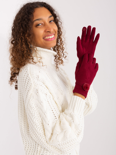 Hurt Bordowe damskie rękawiczki z paskiem