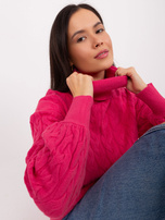 Hurt Fuksjowy damski sweter z golfem i ściągaczami