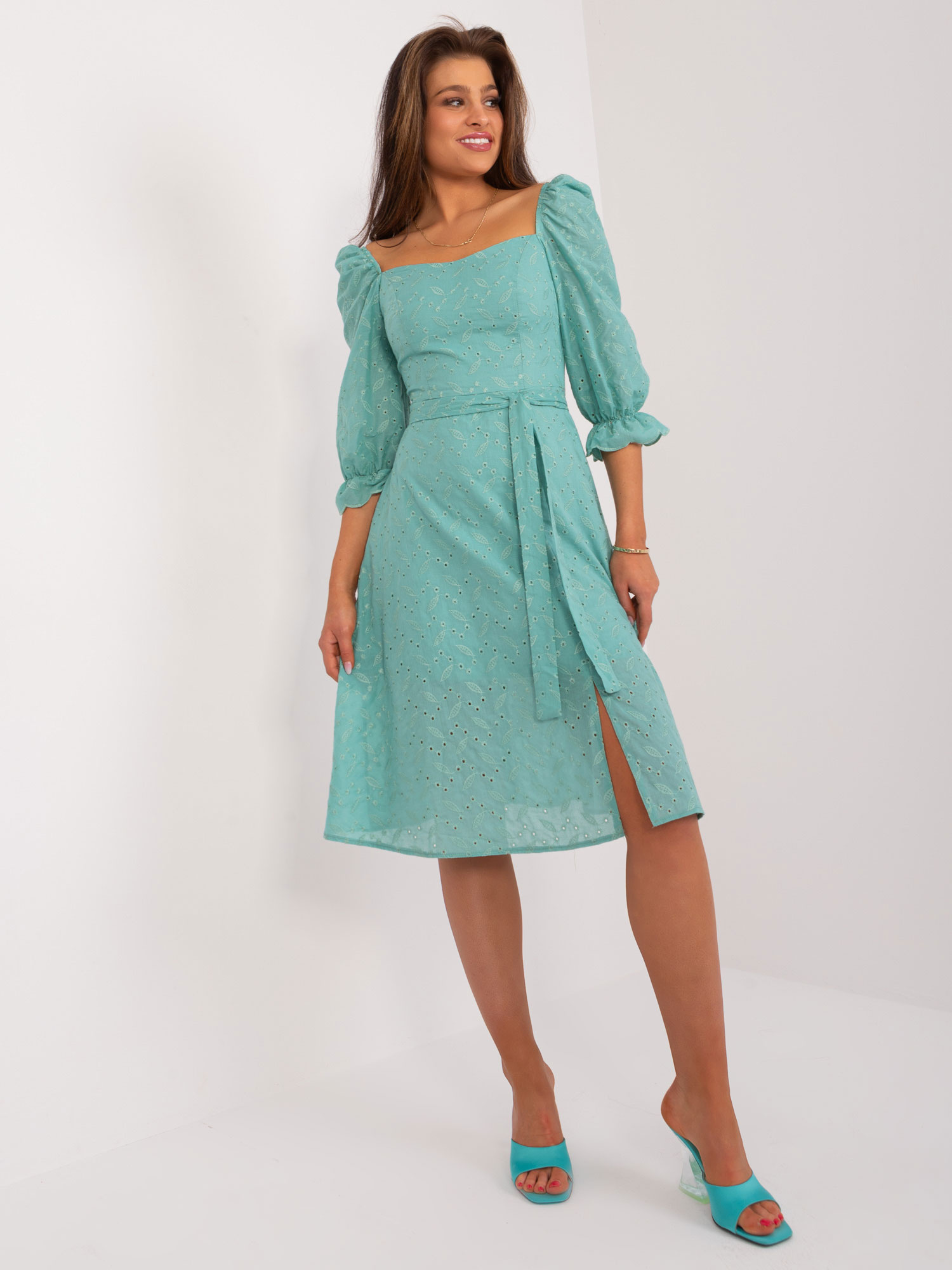 Hurt Mint midi dress with puff sleeves.