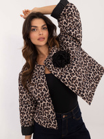 Hurtownia Beżowo-czarna kurtka przejściowa z ozdobną broszką