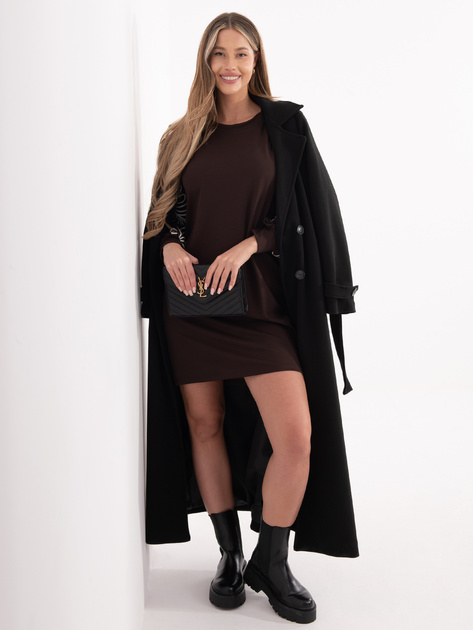 Czekoladowa sukienka z haftem na rękawach RUE PARIS