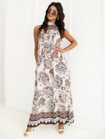 Brown summer dress with a halter neckline.