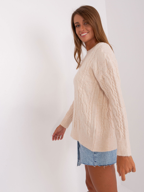 Hurt Jasnobeżowy klasyczny sweter z warkoczami