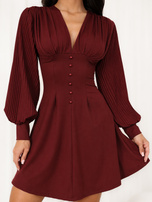 Burgundy mini dress with pleated sleeves.